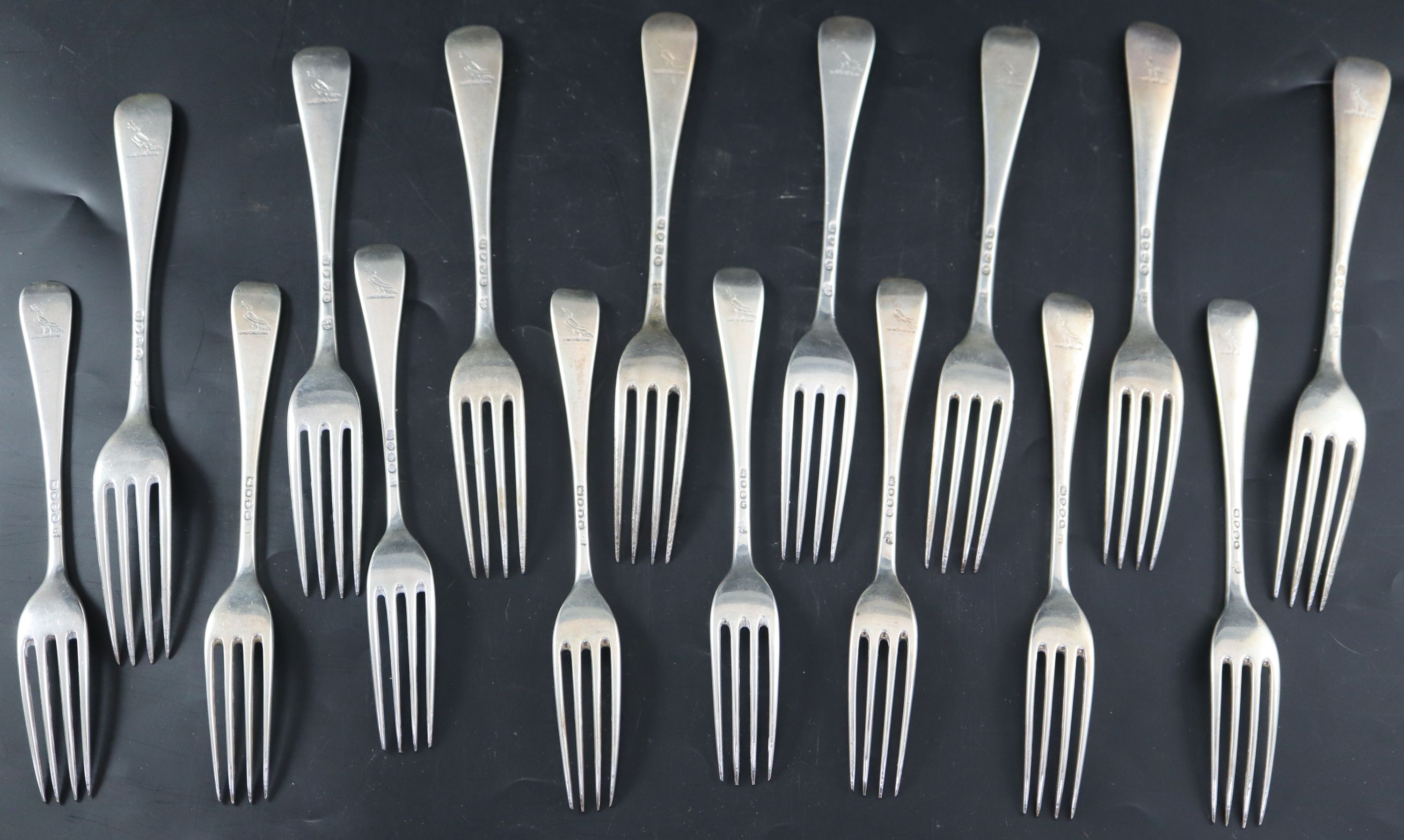 Eight Victorian silver Old English pattern table forks and eight matching entree forks